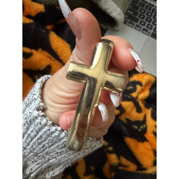 Gold Tone Oversized Cross Hinged Bangle Bracelet Chunky Statement Cuff - Picture 4 of 6